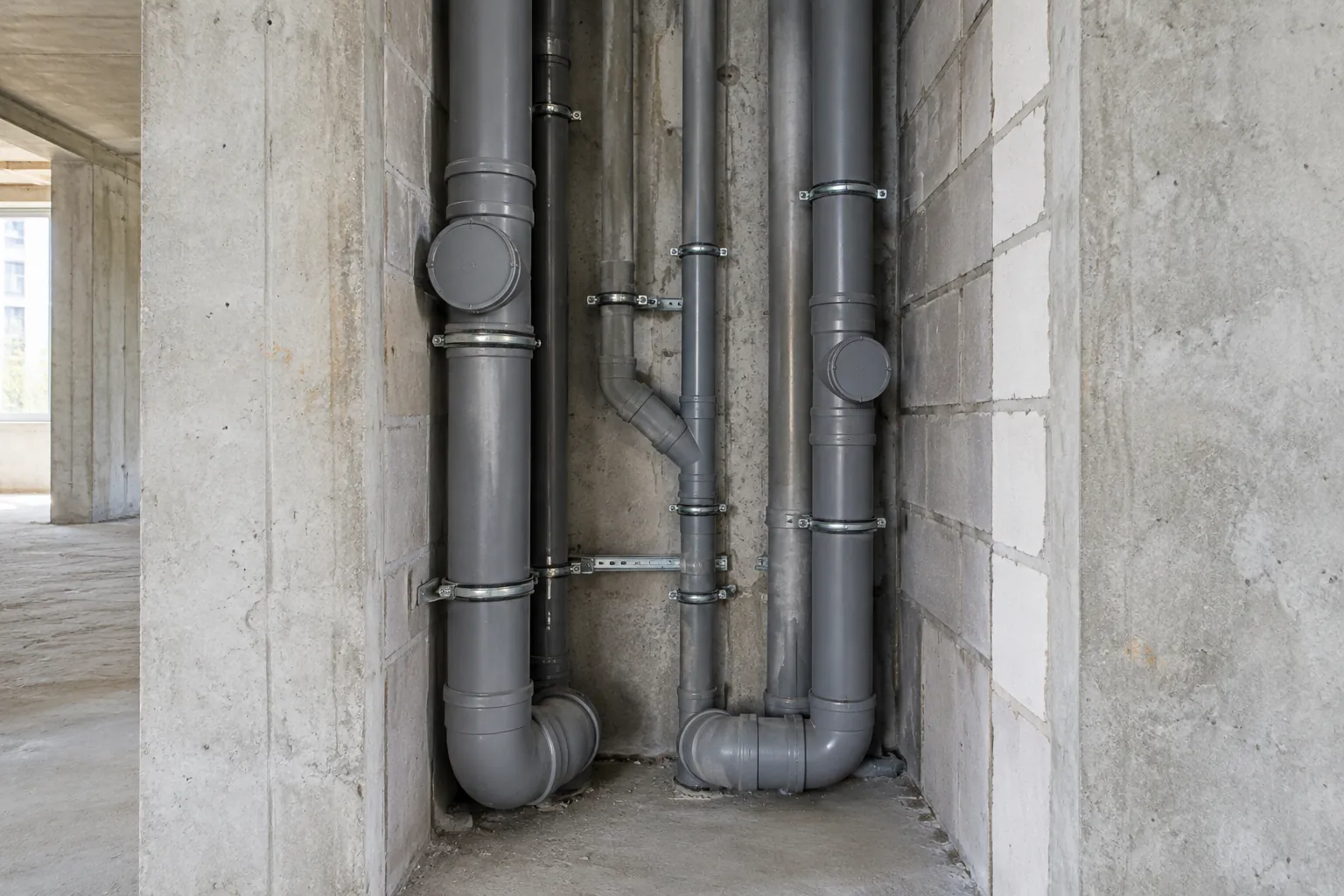 Grey plastic drainage stacks with branches and access points run up a raw concrete services shaft