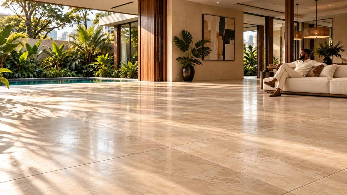 A warm daylit Lagos residence with a large-format stone-look floor running toward the lagoon and the city skyline