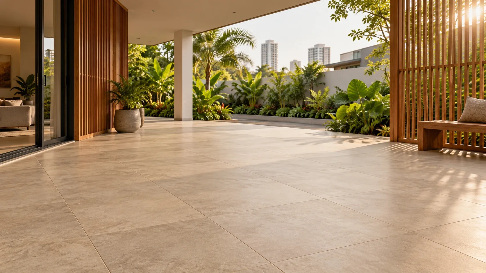 An outdoor terrace in large-format matte stone-look tiles running to the edge, timber screens and tropical planting at the sides, a Lagos skyline beyond