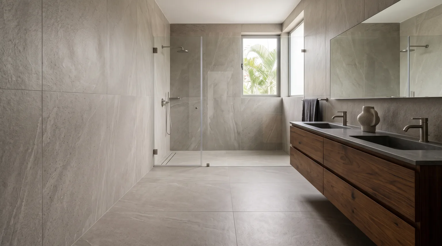 A bathroom with pale stone-effect porcelain on the walls and floor, a walk-in shower and a timber vanity