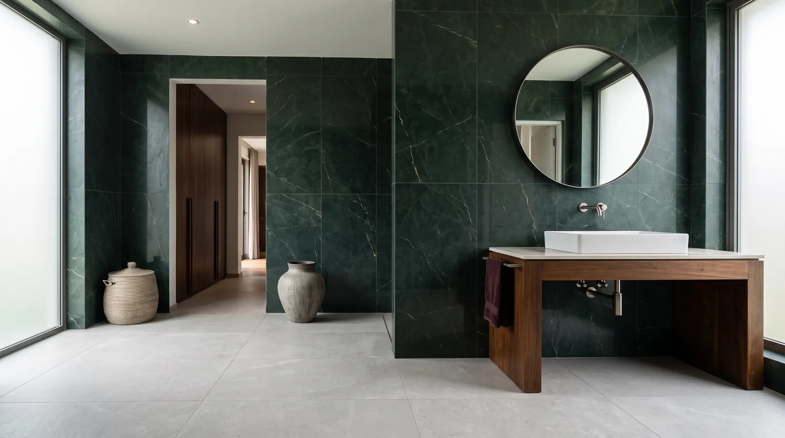 A bathroom with a deep-green marble-effect feature wall, a pale stone-effect floor and a timber vanity