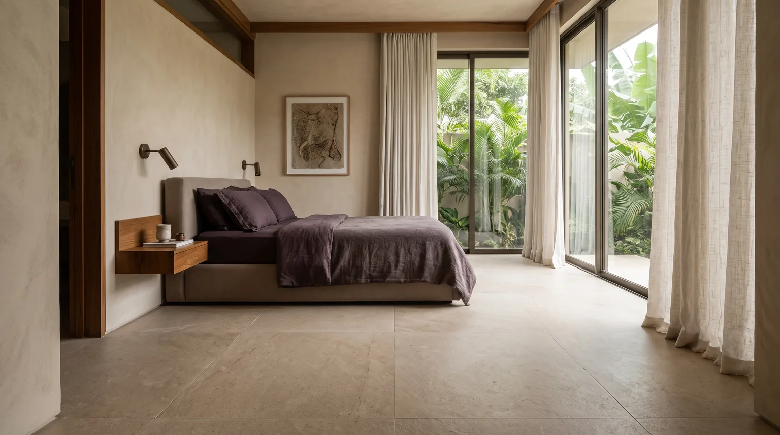 A calm bedroom in sand tones with a large-format stone-effect porcelain floor and a planted window