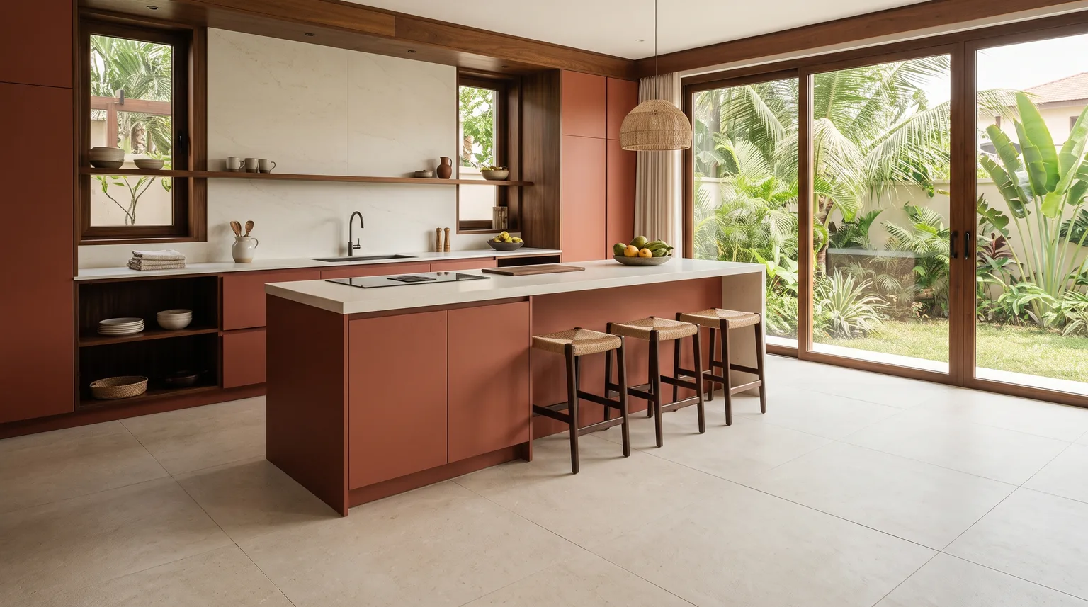 A kitchen with terracotta cabinetry and an island on a pale stone-effect porcelain floor, opening to a planted garden