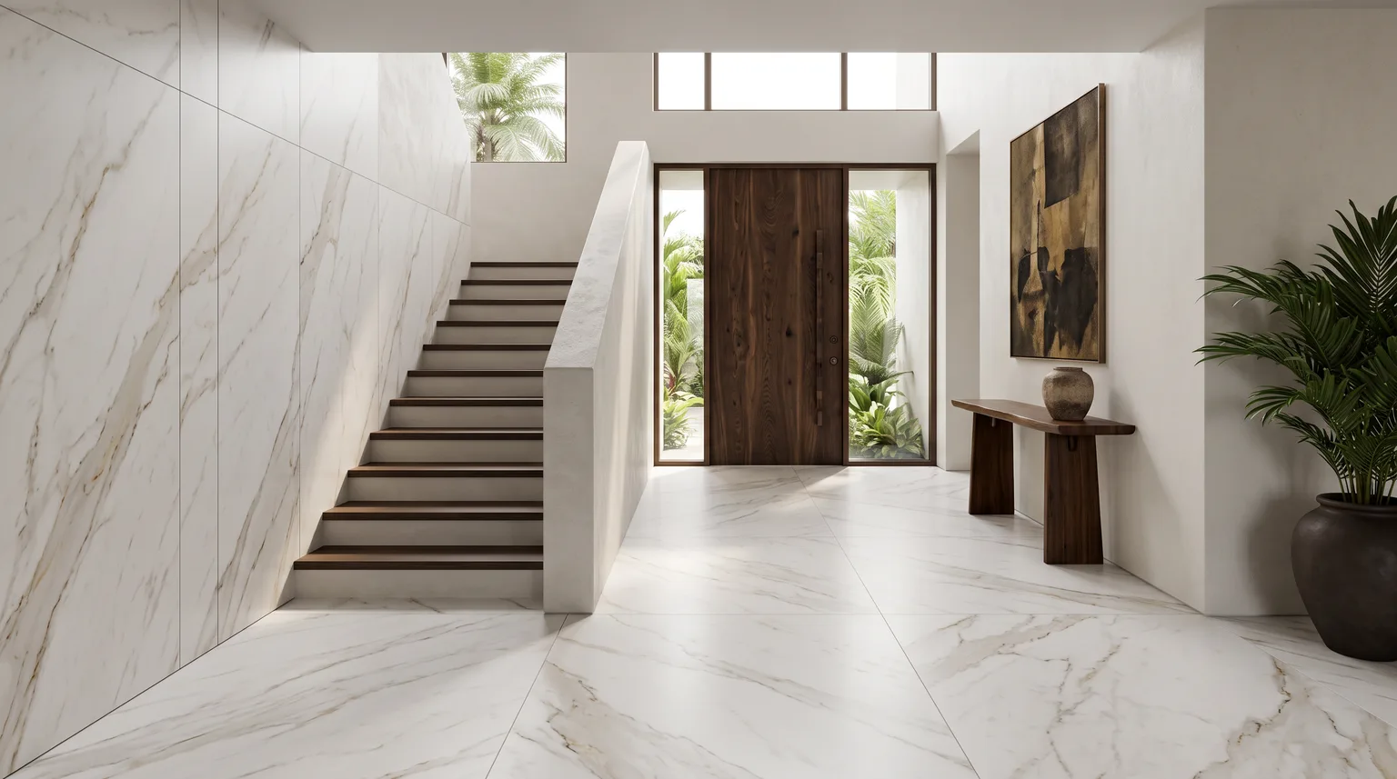 A bright entrance hall with a white marble-effect porcelain floor and stair, a timber front door and a tropical courtyard beyond