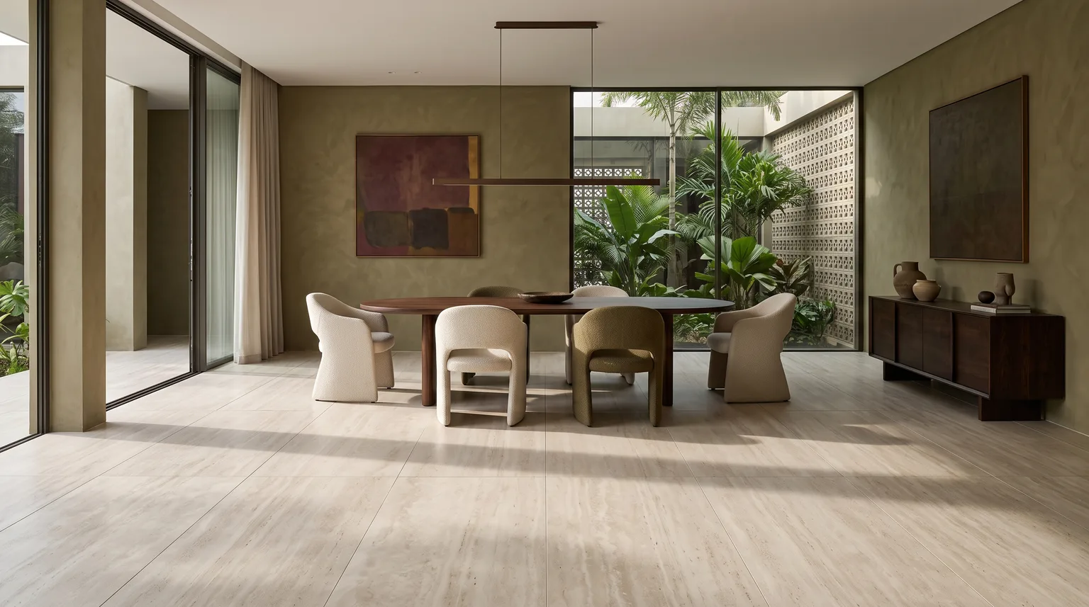 An olive-toned dining room with a travertine-effect porcelain floor, a round table and a courtyard beyond