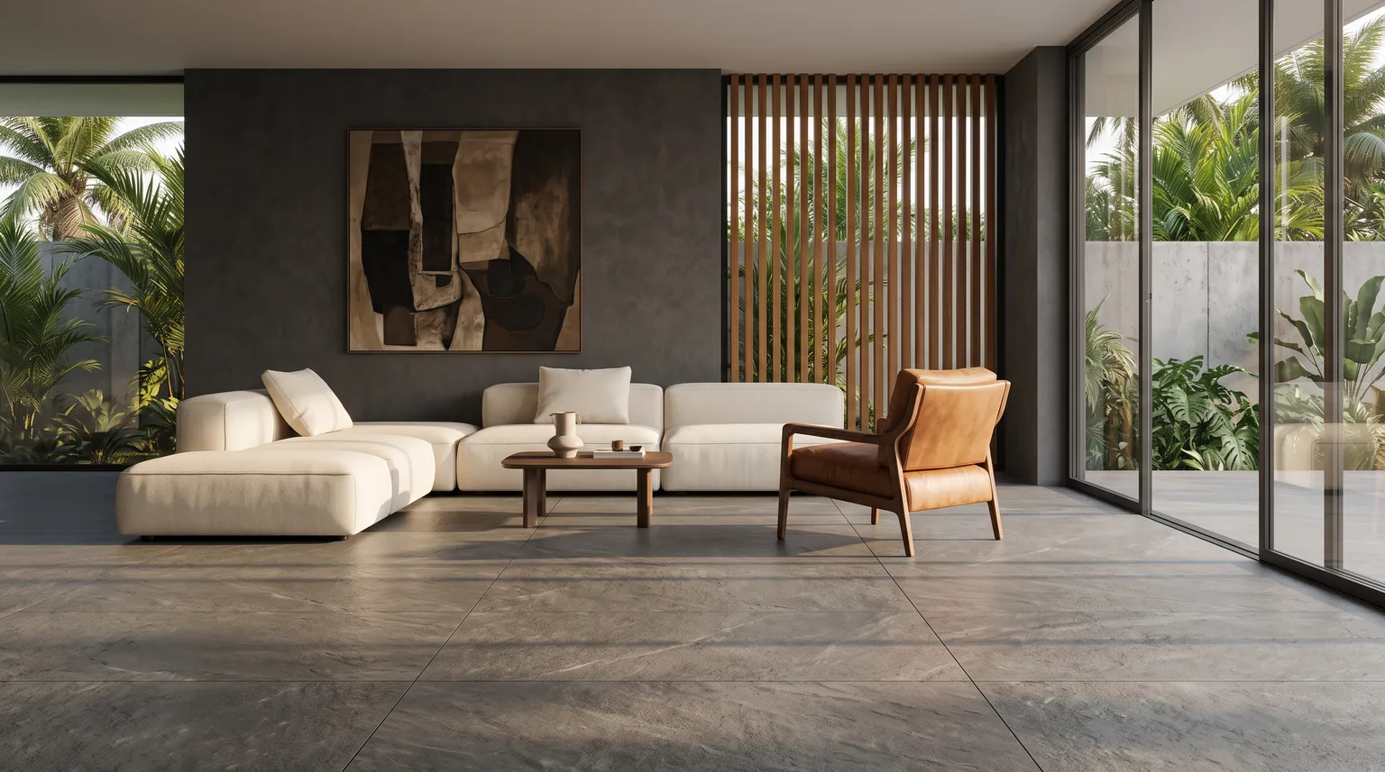 A living room with a graphite stone-effect porcelain floor, a pale sectional sofa and a tan armchair, opening to tropical glazing