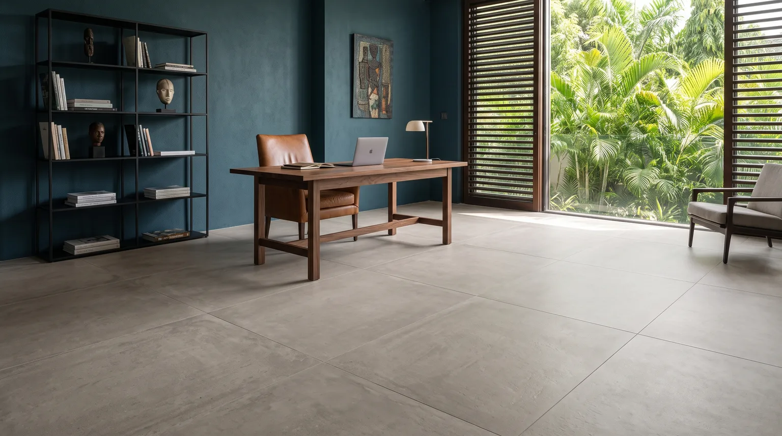 A petrol-blue study with a concrete-effect porcelain floor, a timber desk and open shelving, a garden beyond