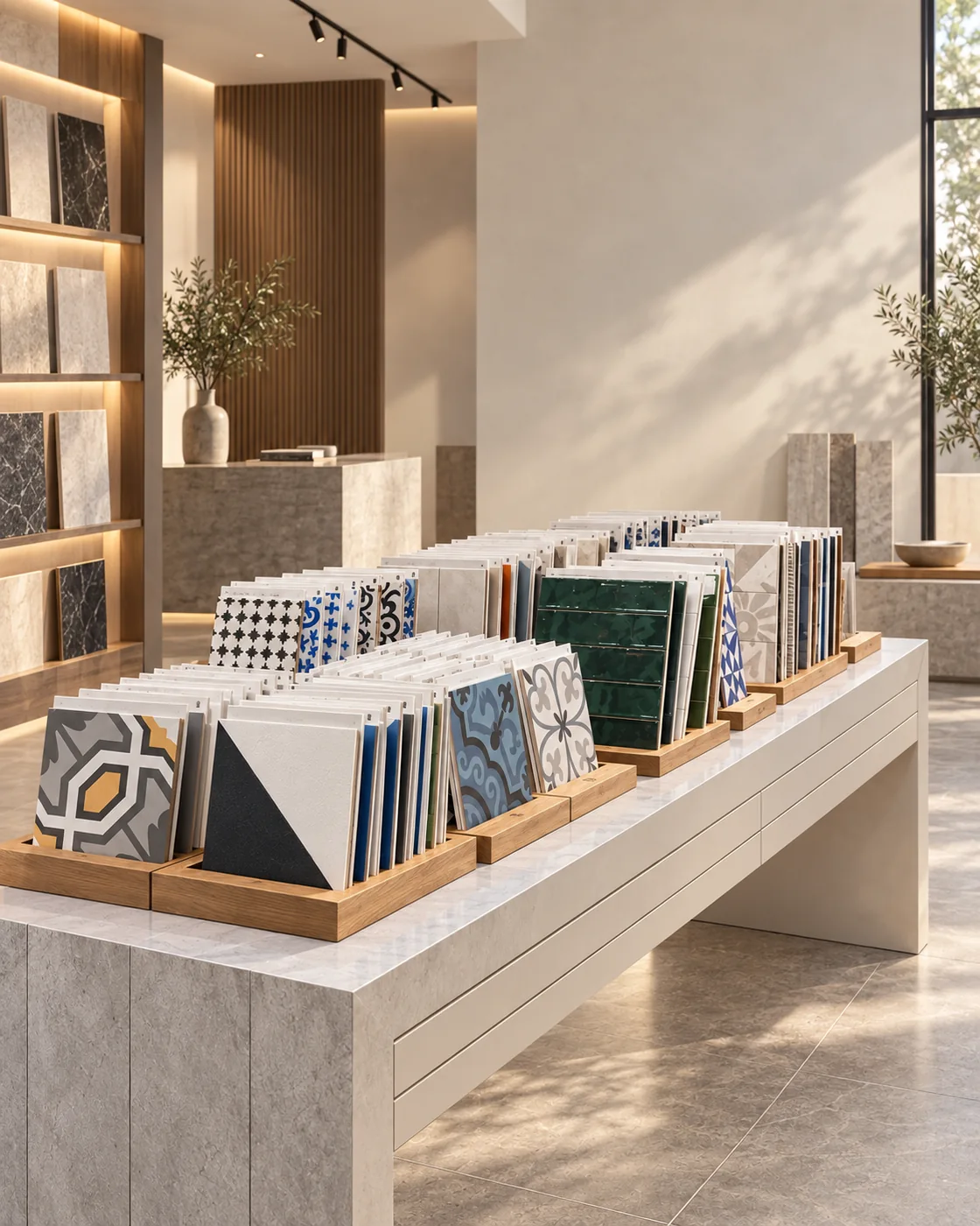 A selection of tile samples showing different colours, textures and patterns
