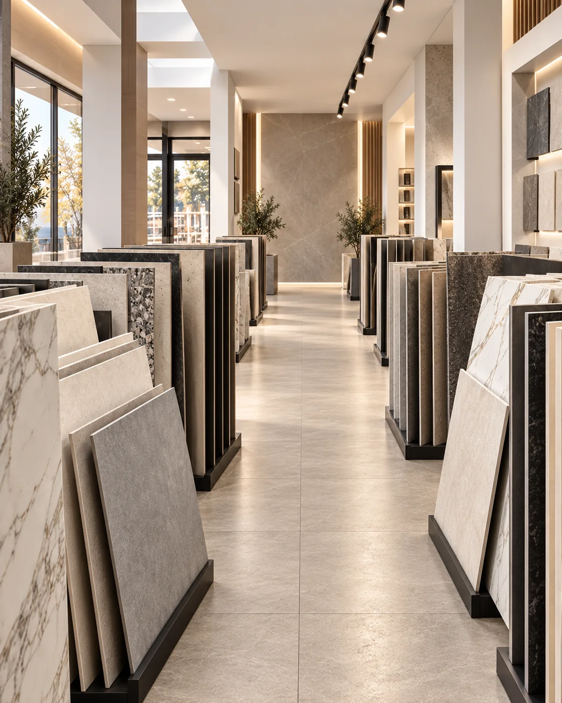 Stone-look and marble-look surfaces in a warm, architectural setting